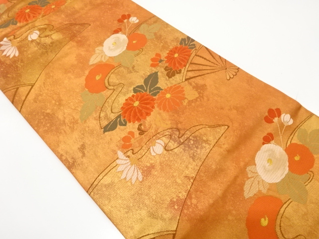 引箔　扇に菊模様織り出し　名古屋帯